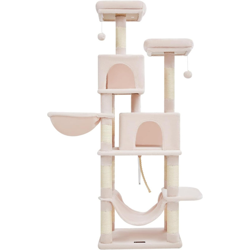 Tucker Murphy Pet Cat Tree 66.2 Inch Cat Tower For Indoor Cats Plush Multi Level Cat Condo With 12 Scratching Posts 2 Perches 2 Caves Hammock 2 Pompoms MS013P Jelly Pink Wayfair